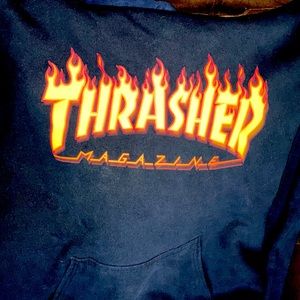 Thrasher S (34-36) hooded sweatshirt. black with orange logo , good condition